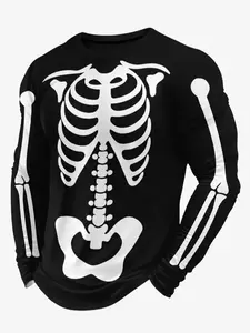 Unisex's Skeleton Printing Long Sleeve Tee, Street Fashion Casual Comfy Round Neck T-shirt for Daily Wear, Men's Top for Fall & Winter, Men's Basic Top