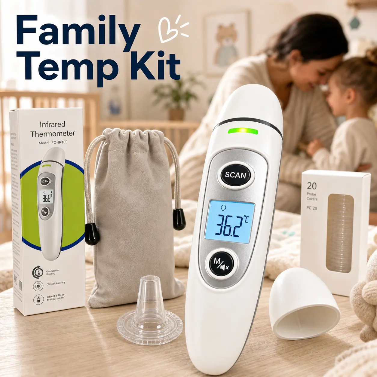 2-in-1 No-Touch Digital Thermometer with Free Disposable Probe Covers, 1s Instant Read Silent Fever Monitor, Lightweight for School, Outdoor, Office Use, Includes Batteries