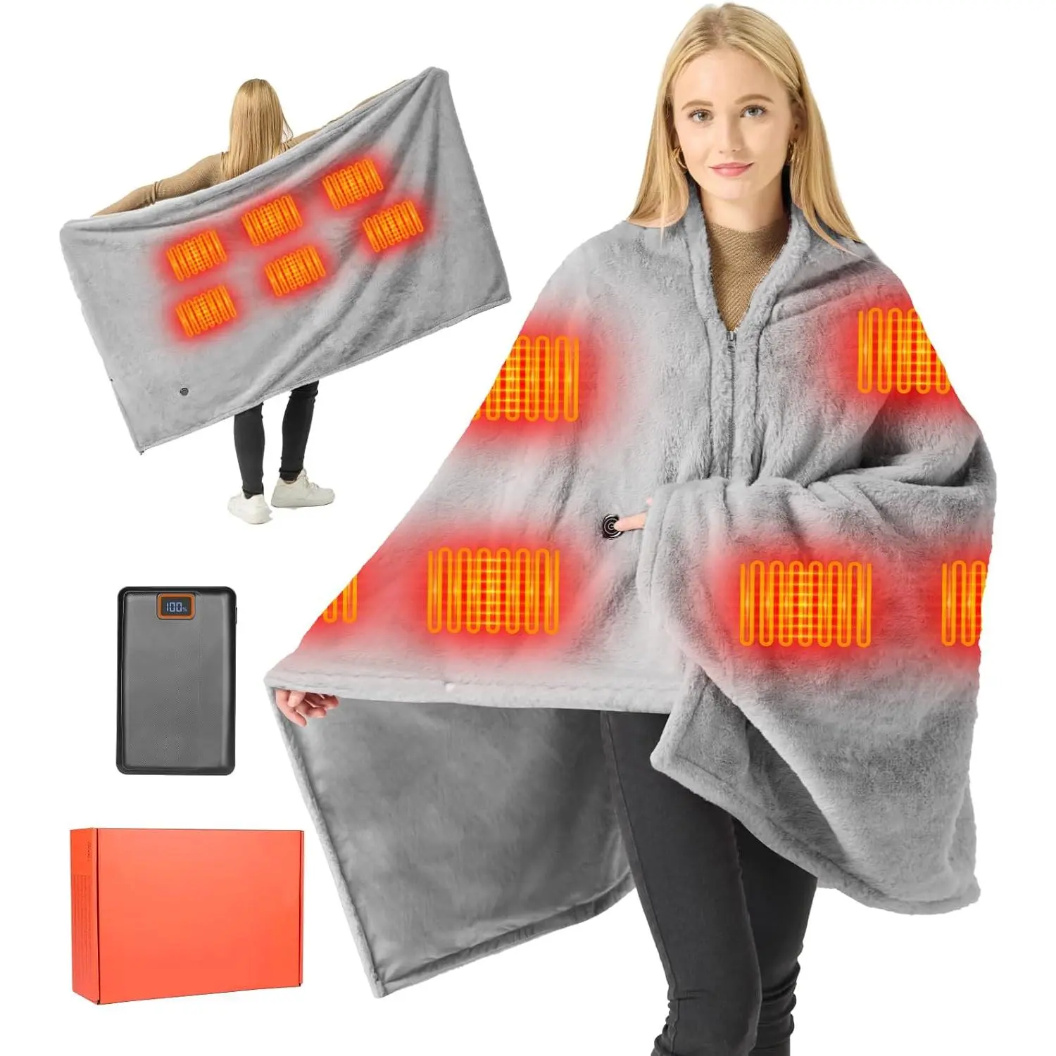 Cordless Rechargeable Heated Blanket - 20000mAh 7.4V Fast Heating, 3 Temperature Settings, 6 Heating Zones, Digital Display, Portable Heated Shawl for Commuting, Camping