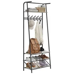Garvee and Garvee 4-in-1 Hall Tree Coat Rack and Shoe Bench with Multiple Hooks and Multi-Tier Shoe Storage, Metal Frame with Wood Look, Entryway Organizer and Multifunctional Storage Bench for Hallway and Bathroom
