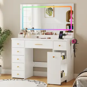 Vanity table with Colorfu LED Lights 7-Drawer Bedroom Dressing Cabinet Dressing Table with Pull-Out Storage Cabinet Vanity Set with Power Outlet Dreamy Bedroom Dressing Table Furniture Bedroom makeup Mirror Gift Set Dressing Table for Girls teengirls  gif