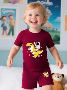 Baby Boy Round Neck T-Shirt Cartoon Astronaut Riding Cute Dinosaur Letter Print Fashion Casual Short Sleeve Shorts Set Baby Clothing