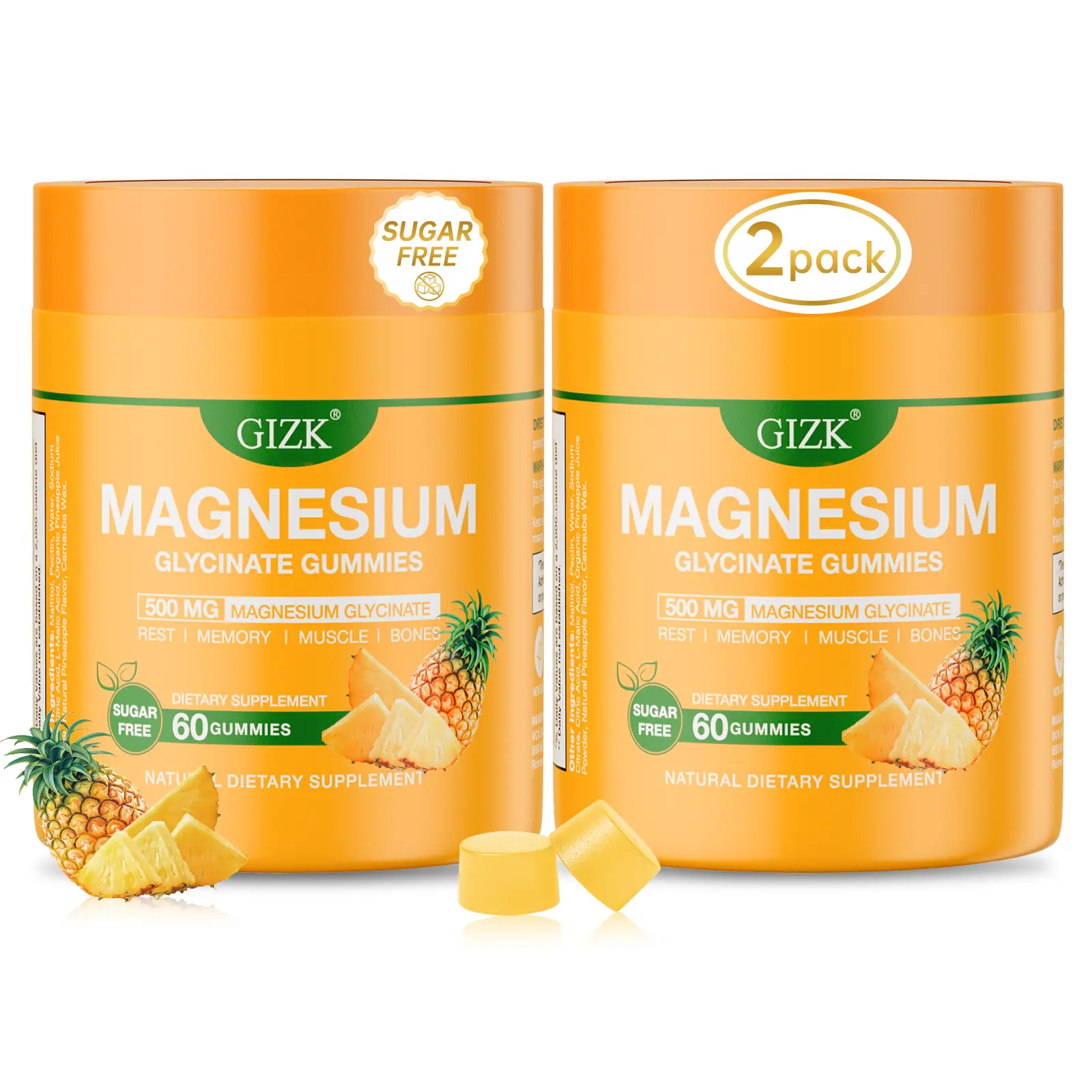 2-PACKS Magnesium Glycinate Gummies 500mg – Sugar Free Magnesium Gummies for Sleep, Stress, Muscle & Nerve Support – for Adults & Kids 4+, Vegan, No Melatonin (Pineapple Flavor, 60 Count) sohochic