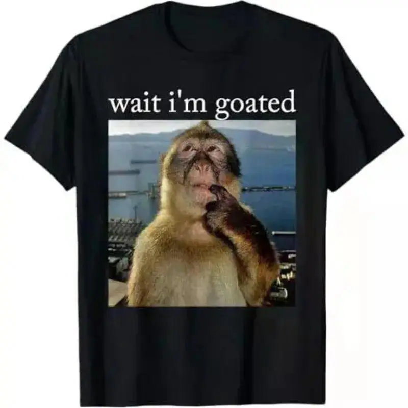 Wait I'm Goated Thinking Monkey Meme Graphic Tee, Viral Gibraltan Monkey Funny Meme Print Short Sleeve, Internet Humor Streetwear Top