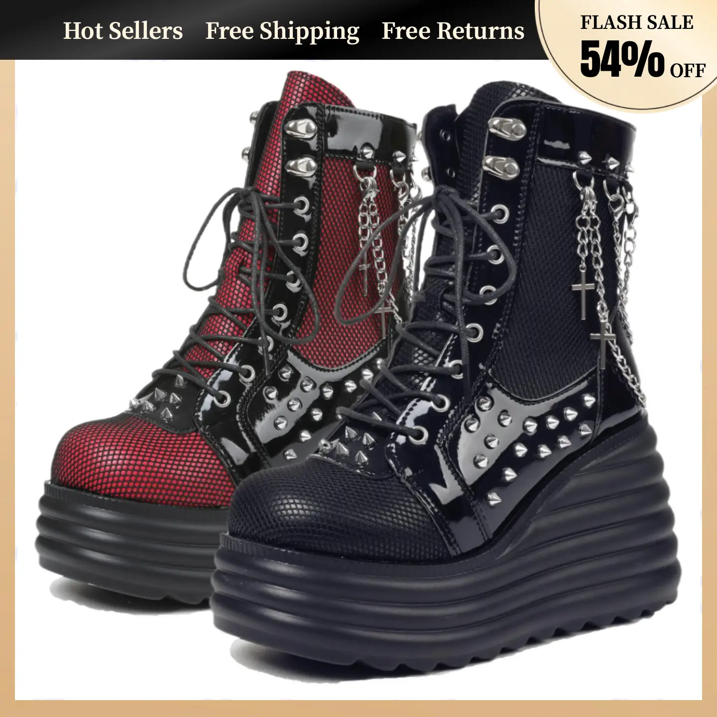 Women Goth Chunky Ankle Boots Cross Decor Chain Platform Zip Round Toe Lace Up Combat Bootie Wedge Rave Boots Black Red Punk Shoes
