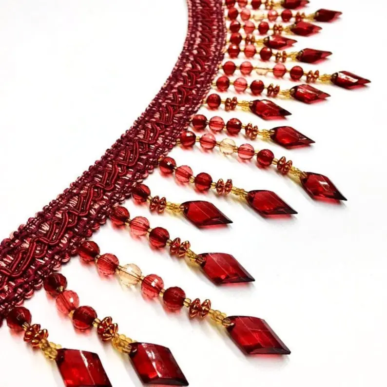 Red Burgundy 4" Beaded Tassel Fringe Trim / Drapery, Upholstery, Pillows, Home Decor / By The Yard