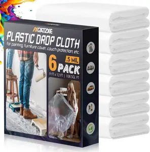 12 x 9 Ft Plastic Drop Cloths (6-Pack) - Disposable Painter's Sheeting & Tarps for Painting, Waterproof Furniture/Couch/Floor Protection