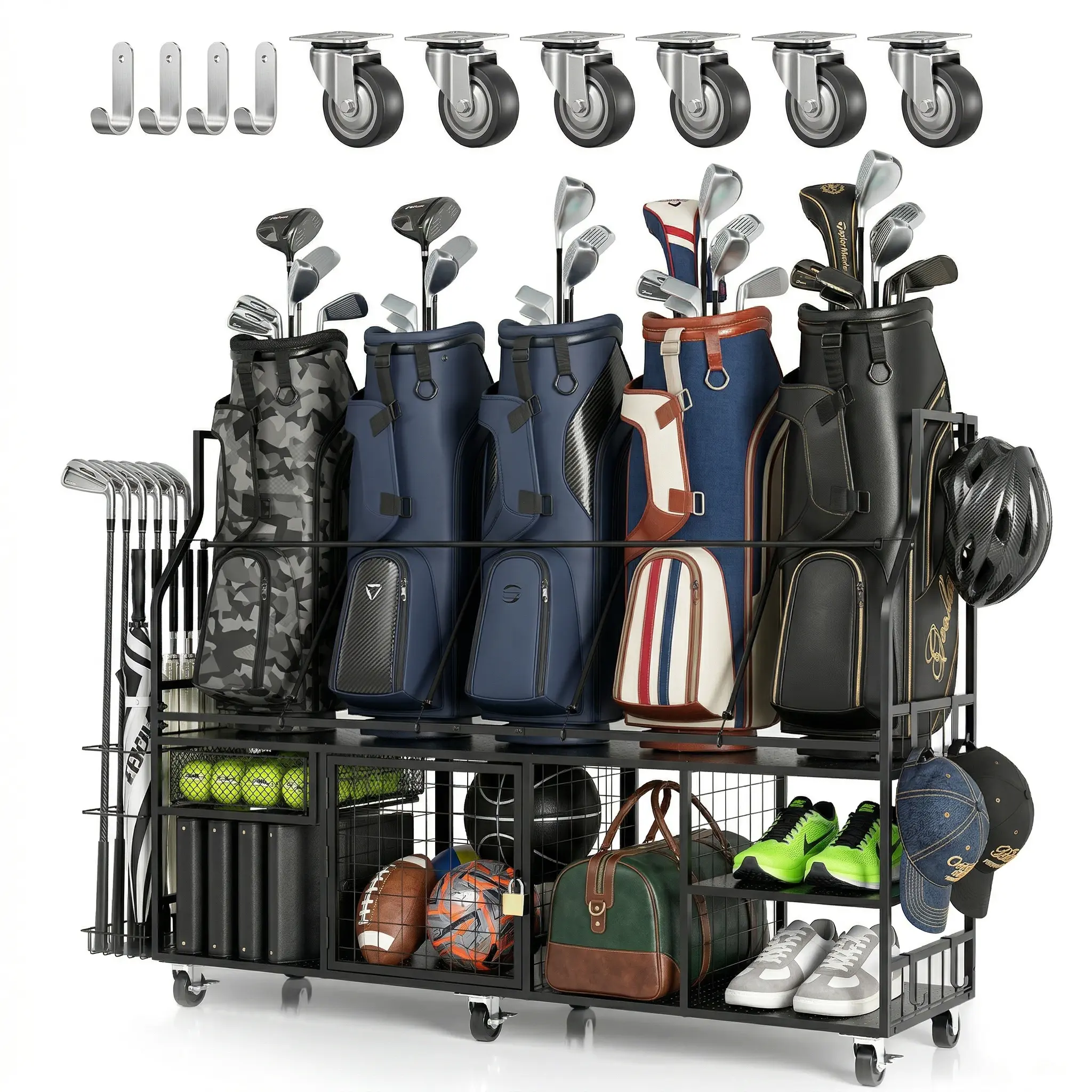 Vantage Mounts Golf bag Storage Organizer for Garage, XXL Golf Bag Stand Holder for 5 Bags with Side Hooks, Heavy Duty Golf Club Rack for Home Basement, Indoor Outdoor Sports Equipment Storage with Lockable Wheels & Shelves