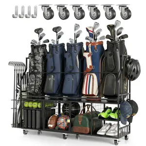 Vantage Mounts Golf bag Storage Organizer for Garage, XXL Golf Bag Stand Holder for 5 Bags with Side Hooks, Heavy Duty Golf Club Rack for Home Basement, Indoor Outdoor Sports Equipment Storage with Lockable Wheels & Shelves