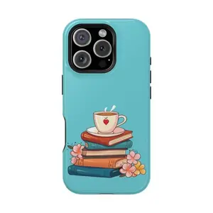 Books and Tea IPhone Case / Tough Case / Turquoise / Phone Case Suitable for Iphone 11/12/13/14/15/16/17 Pro Promax Plus Air