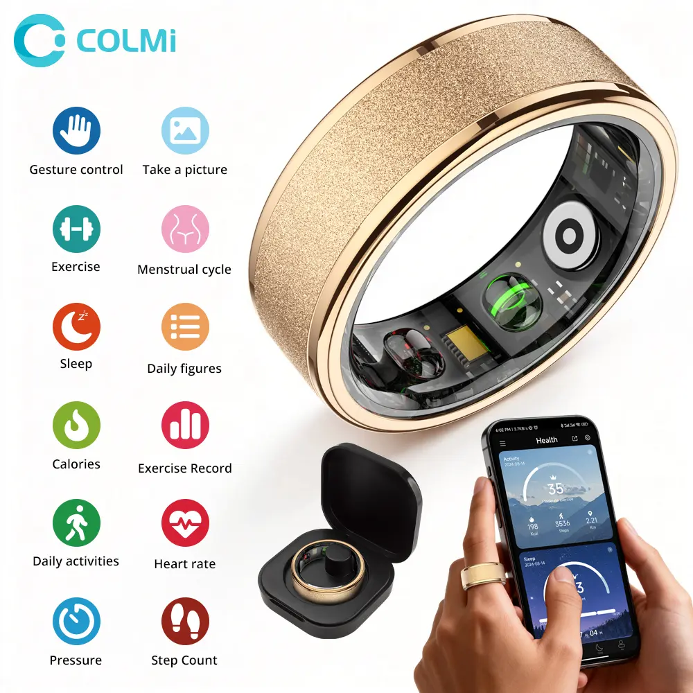 COLMI Smart Ring - 5ATM Waterproof, Water-Resistant Modern-Design-Style Automatic Fitness Tracker, Wireless Smart Wearable with Temp Tracking, Gold & Black Options, Suitable for Couples, Includes Charging Box, Water Proof, Electronic Gadgets