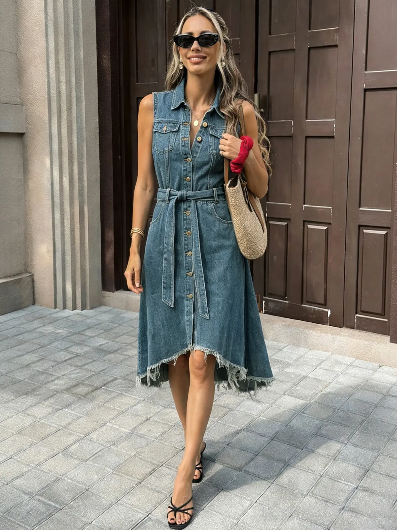 Women's Sleeveless Denim Dress with Button, Casual Summer Wear, Comfortable & Stylish Aesthetic Design, Perfect for Daily