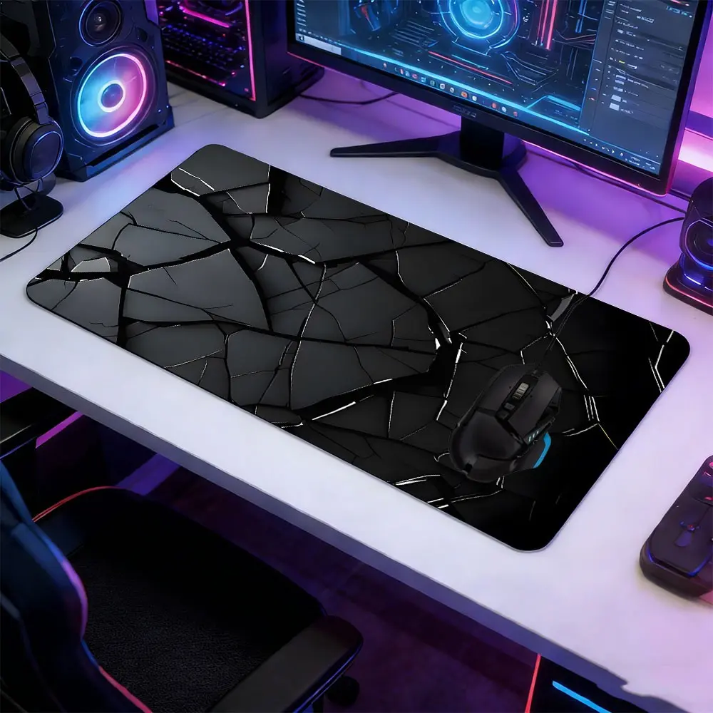 Black Abstract Fissure Large Gaming Mouse Pad, Made for gaming, Non-Slip Rubber Base Stitched Lock Edge Desk Mat, Gaming Deskmat, Minimalist Tech Design, Durable Computer Accessory for Home Office & Gaming Setup, Gift for Gamer Family and Friends