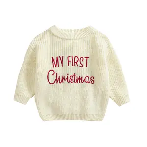 Canrulo Newborn Baby Girl Boy My First Christmas Knit Sweater Letter Embroidery Long Sleeve Pullover Tops Infant Winter Clothes