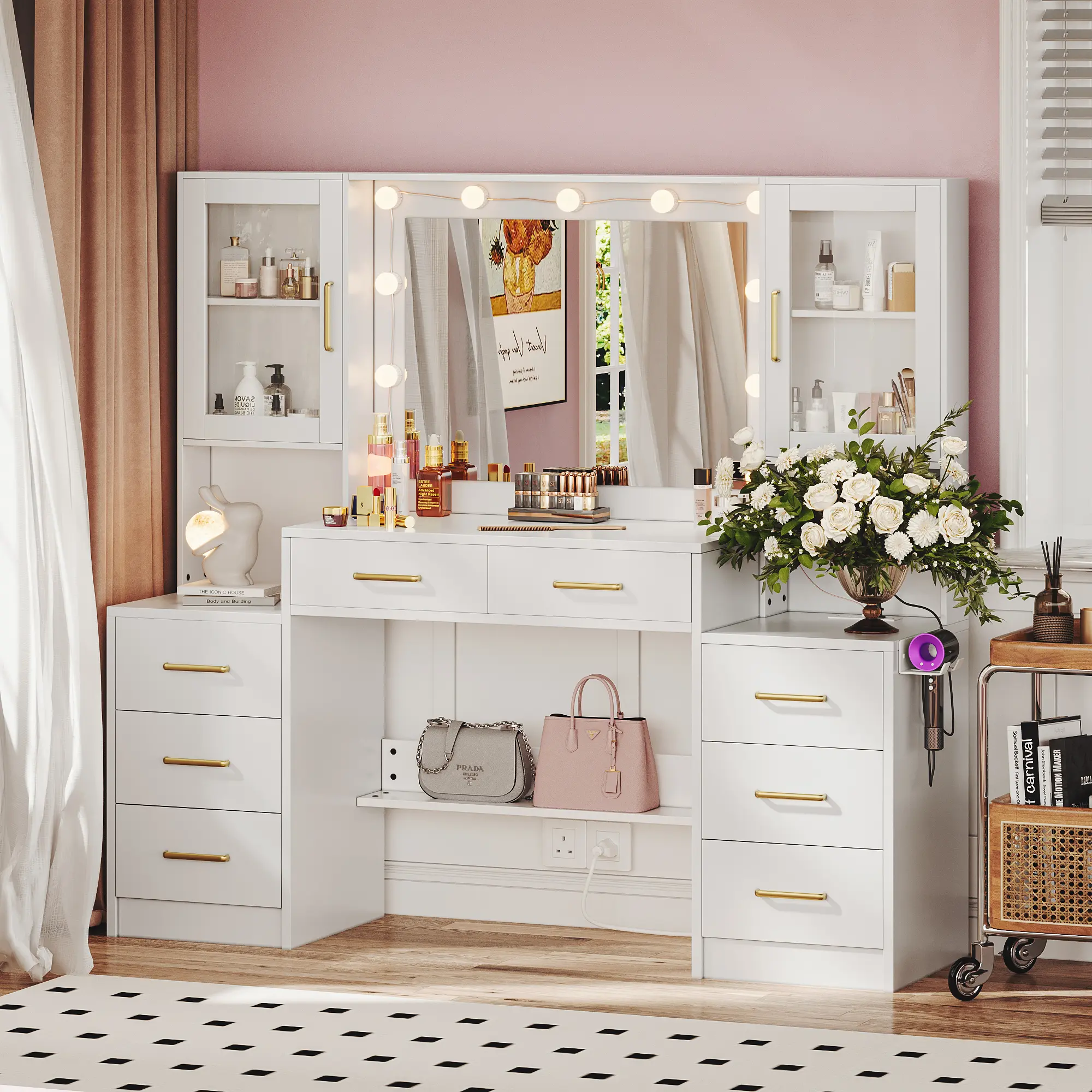 58.3”Vanity Desk with Mirror and Lights & Charging Station,Bedroom Dressing Table,Large Vanity Set,8 Drawers and 2 Cabinets,Makeup Vanity Table with Charging Station,Without Stool,White,Black,Pink