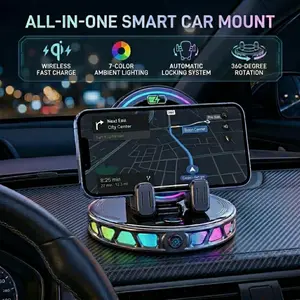 Wireless Charging Car Phone Mount, RGB Ambient Light, Auto Lock, 360° Rotating, Vacuum Suction Holder, Universal Compatibility for iPhone Android