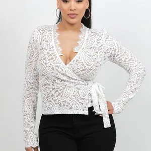 Women's Nina Lace Wrap Long-Sleeve Blouse - White, Spandex-Blend Polyester, Lace Detail, Tie Front Lady's Shirt for Women, Shirts