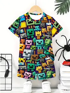 Teen Boys Minecraft Full Print Creeper Casual Summer Short Sleeve Set, Fitted Cartoon Pattern, No Zipper, Without Button