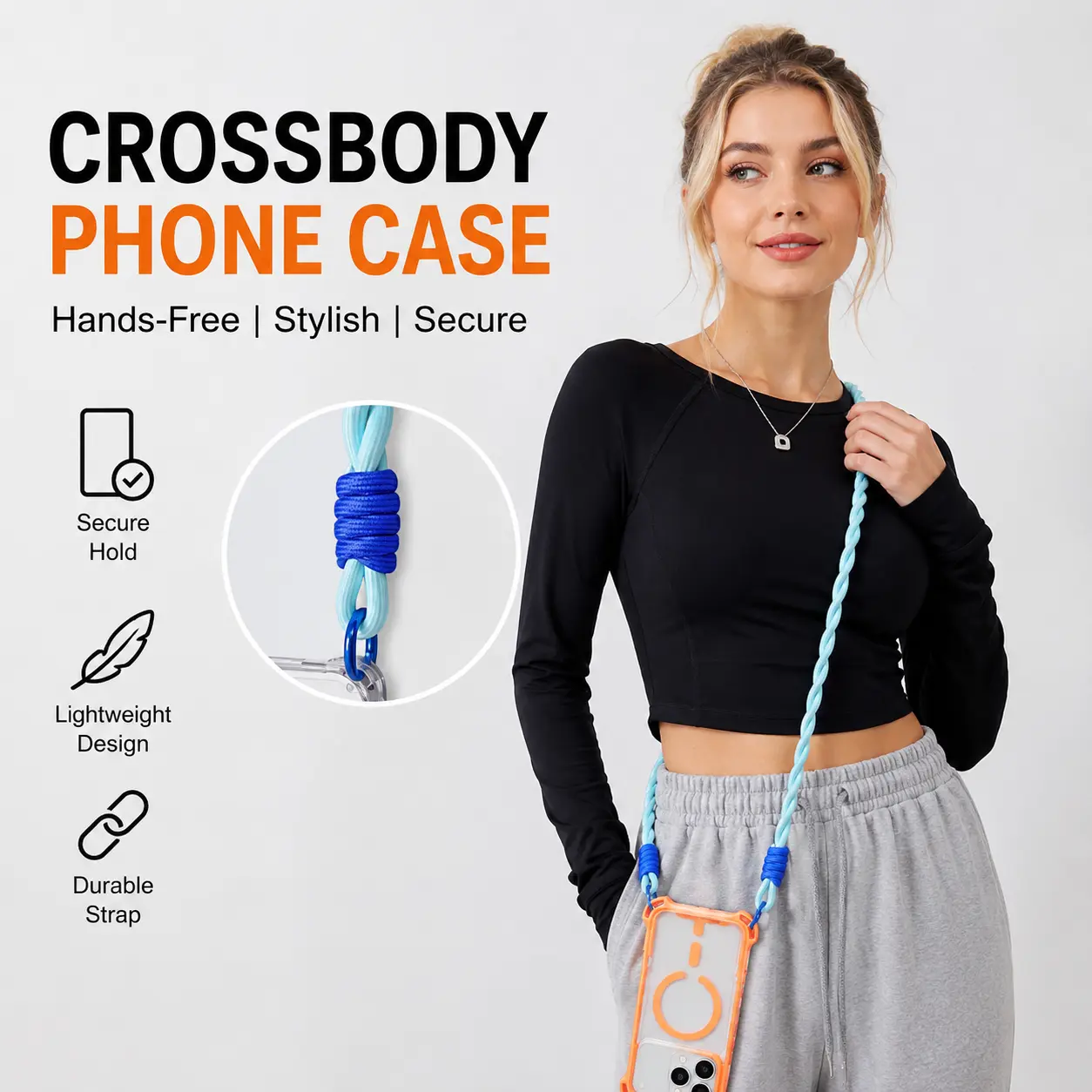 Magnetic Crossbody Phone Case with Adjustable Woven Lanyard, 4-Corner Shockproof Anti-Drop Hands-Free Protective Cover, Lightweight Durable Strap Mobile Phone Accessories for iPhone 12 13 14 15 16 17 Series