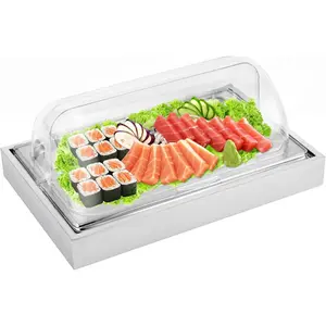 Ice  Serving Display Tray with Clear Roll Top Cover Buffet Cold Serving Cooler Platter w/ 2 Ice Packs Cooling  Dishes Display Plate Case with Lid for Seafood Fruit Party Buffet Tray