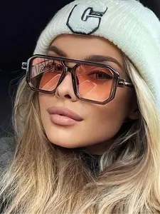 Unisex Vintage Trendy Colorblock Square Aviator Polarized Sunglasses, Retro Style Double Beam Tinted Lens Casual Sunglasses for Everyday Use, Summer Trendy Sunglasses, Fashion Accessories for Outdoor Activities