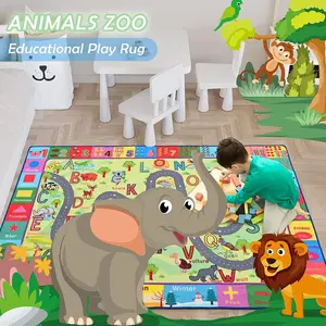 Modern Kids Dinosaur Educational Flat-Weave Playmat Rug, Kids-Safe Area Rugs, Indoor Learning Carpet for Numbers, Animals, Words, Ideal for Children's Bedroom & Playroom
