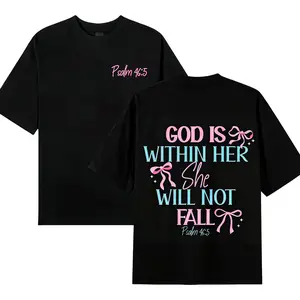 T-Shirt GOD IS WITHIN HER SHE WILL NOT FALL & Psalm 46:5 Loose Fit Unisex Cotton T-Shirt Dual-Sided Inspirational Design  Spring Summer Casual Wear Top Breathable Everyday Soft Streetwear TshirtTechV