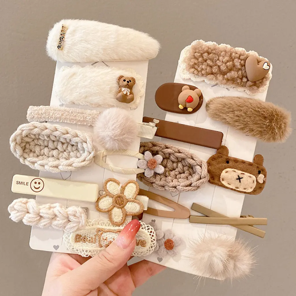 10 pieces fluffy handmade knit cute bear bunny lemon heart flower animal fruit hair clip accessories gift for women girls