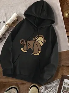 Women's Cartoon Monkey Print Drop Shoulder Hoodie, Fashion Casual Drawstring Pocket Hooded Sweatshirt for Daily Holiday Outdoor Wear, Women Clothing for Fall & Winter