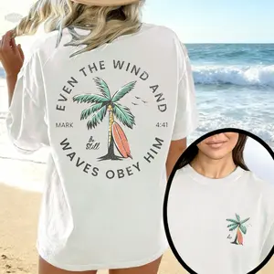 Christian Bible Verse Pattern T Shirt, Beachy Backprint Tops, Trendy Coconut Tree Shirt Unisex Tee Teen Baptism Gift Ocean Inspired Style Womenswear Printed