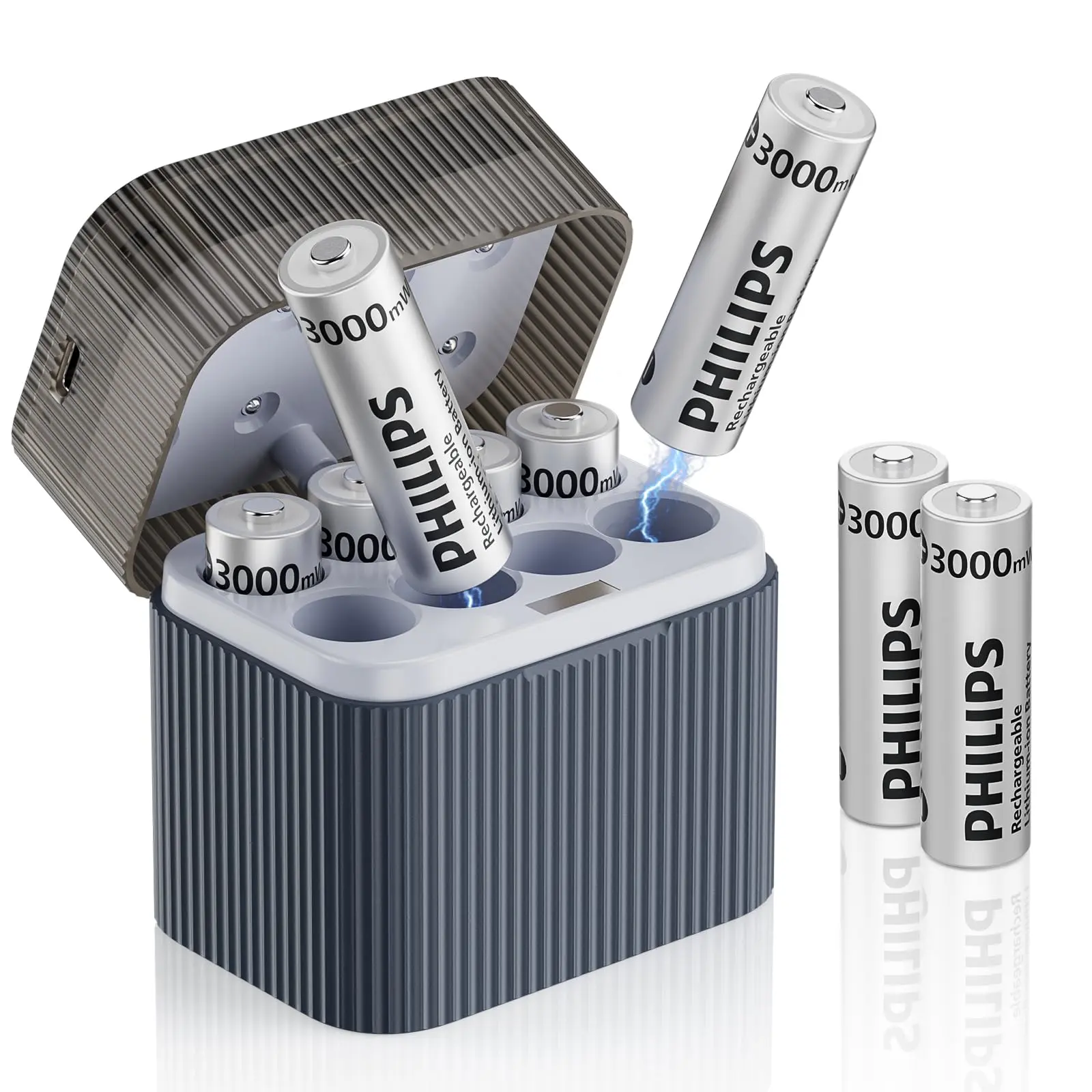 Philips Rechargeable AA Lithium Batteries with Charger 8 Pack - 1.5V 3000mWh High Capacity Li-ion Double A Batteries 1200 Cycles Fast Charging for Xbox/Blink/Solar Lights