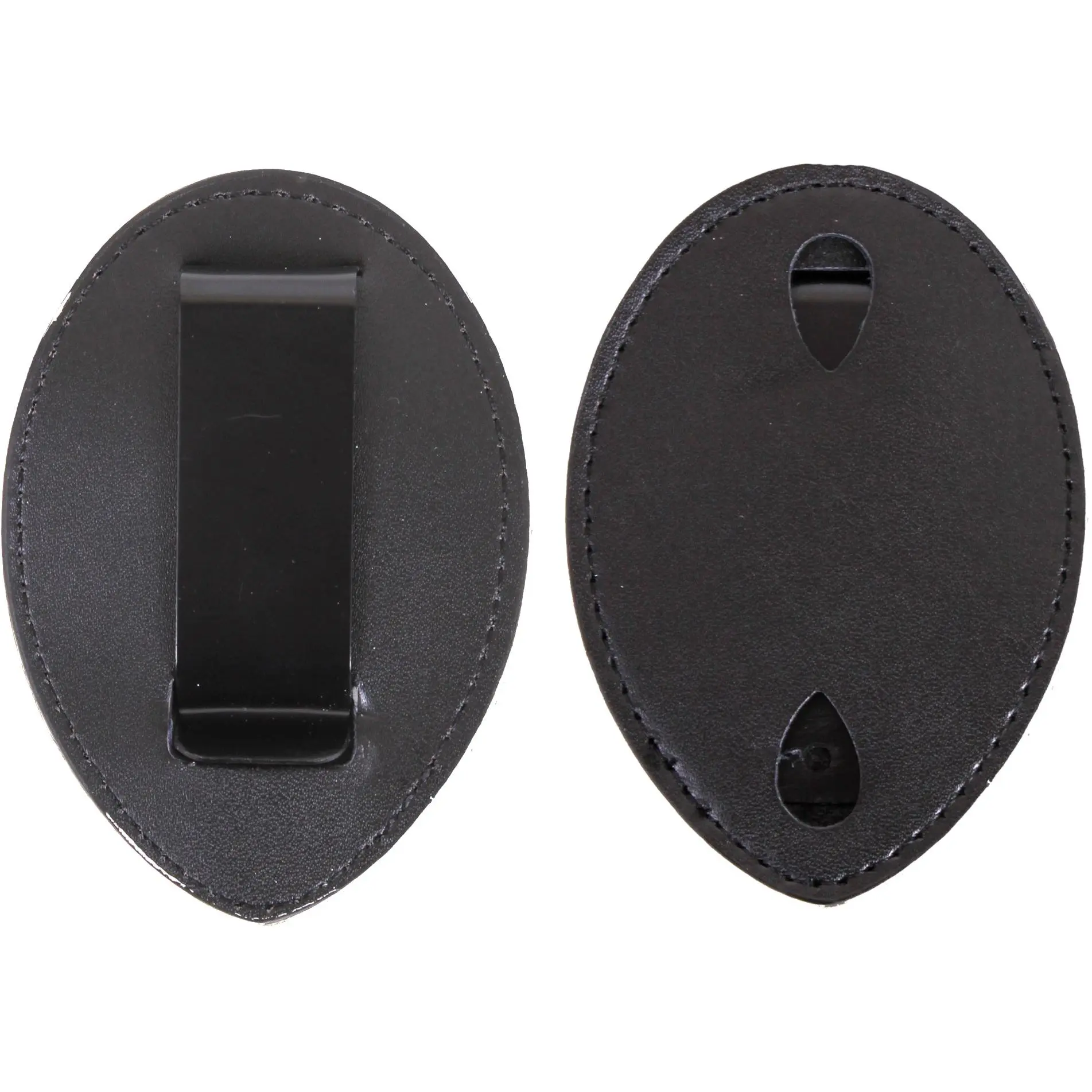 Black - Uniform Leather Clip-On Badge Holder - West Coast Style with Steel Clip