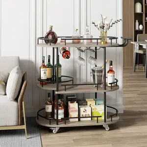 Garvee 3-Tier Mobile Bar Cart on Wheels with Wine Rack and Glass Holder, Metal Utility Cart for Kitchen, Coffee Station, Mini Home Bar, and Dining Room, Available in Multiple Color Options