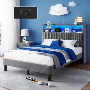 Raybee Teens Bed Frame with Storage, Velvet Upholstered Headboard & Bookcase Compartment, LED Lights & Power Outlet, Luxury Platform Bed Frame for Full/Queen/King, Holds 700-900lbs, No Box Spring Needed, No Noise for Dormitory, Apartment, Guestroom