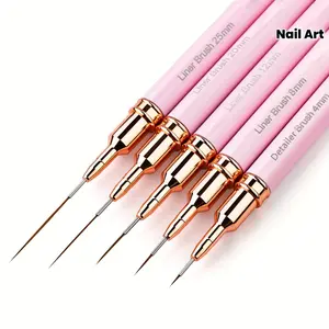 Pink Fine Nail Brush Set 5 Pack - Suitable for Gel Nail Polish Painting, Manicure and Nail Art Tools - 5 Sizes (4/8/12/20/25mm) Acetone Free