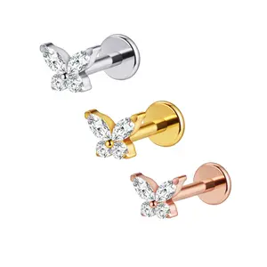 Titanium Butterfly Gem Internally Threaded Flatback Ring for Piercings