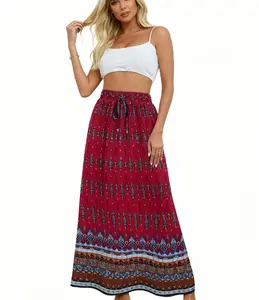 Women's 2025 Boho Floral Skirt Casual Elastic High Waist Maxi Skirts Flowy A Line Beach Long Skirt with Side Pockets
