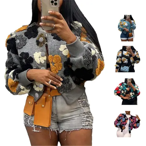 Yozazzy Women's Cropped Floral Print Shacket Jackets Round Neck Long Sleeve Bomber Coat Outerwears Casual Multicolor