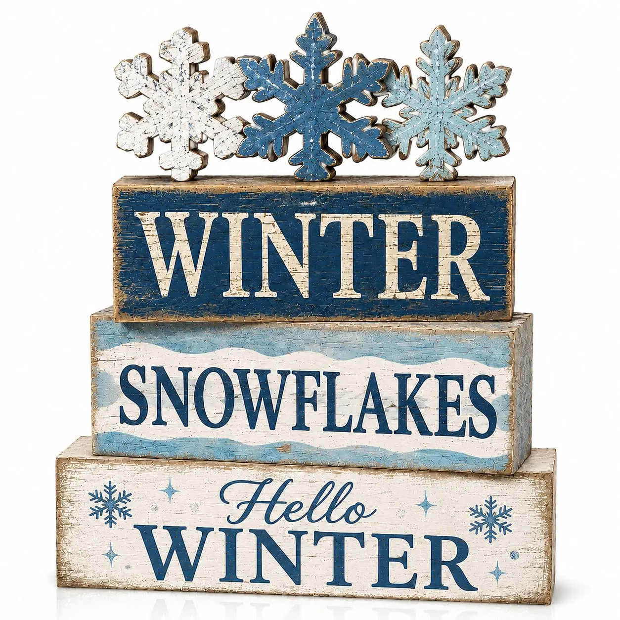 Christmas Decorations Indoor, 4pcs Christmas Winter Snowflakes Home Decor | Wooden Winter Christmas Table Decoration, Farmhouse Xmas Party Centerpiece Tiered Tray Decor Gift for Kitchen Mantel Office