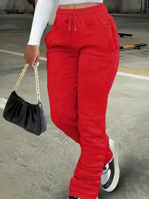 Women's Regular Fit Plain Pocket Drawstring Waist Stackable Sweatpants, Casual Stack Pants for Daily Wear, Ladies' Sporty Bottoms for All Seasons