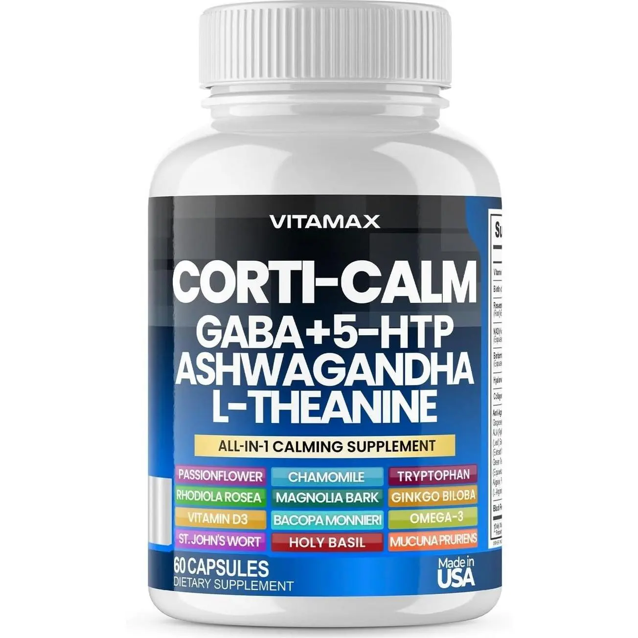 Corti-Calm Cortisol Supplement, L Theanine, Ashwagandha, Vitamin D 3, GABA for Relaxation, Fatigue & Focus with Ginkgo Biloba, Bacopa Monnieri, 5-HTP – Non-GMO, Made in USA – 60ct