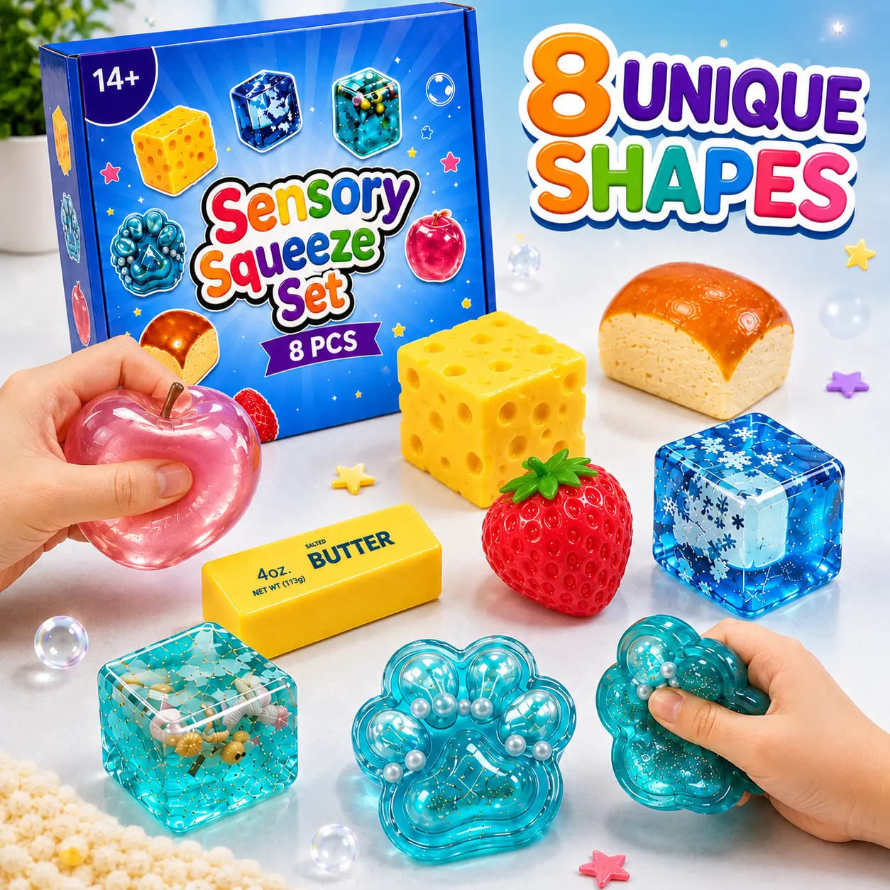 [Dealsforyou] 8-Piece Assorted Squishy Toy Gift Box, Soft TPR & PU Stress Ball Squishy, Stress Relief Fidget & Decompression Squeeze Set, Cute Desk Toys, Party Favors