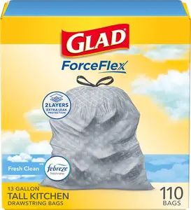 Glad ForceFlex Tall Kitchen Drawstring Trash Bags, 13 Gal, Fragrance Free, 110 Ct (Package May Vary)