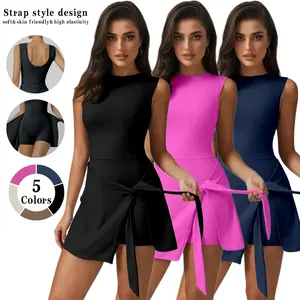 Womens Sleeveless Tennis Dress High Stretch Knit Fabric Ruffle Side Slit Yoga Golf Athletic Sportwear Built in Shorts Machine Washable