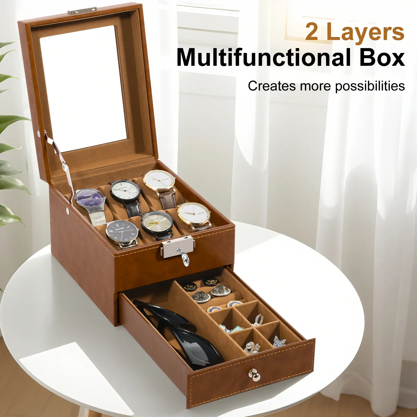 6 Slot Wooden Watch Box Organizer with Glass Lid, Luxury Watch Display Case, Soft Velvet Lining, Watch Storage Box for Men & Collectors