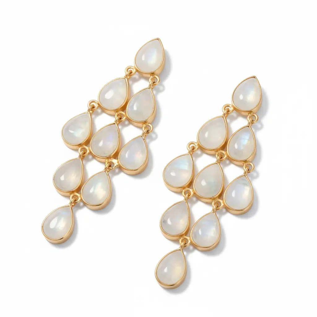 Rainbow Moonstone Chandelier Earrings 14K Gold Plated 925 Silver 9-Stone 2.5in