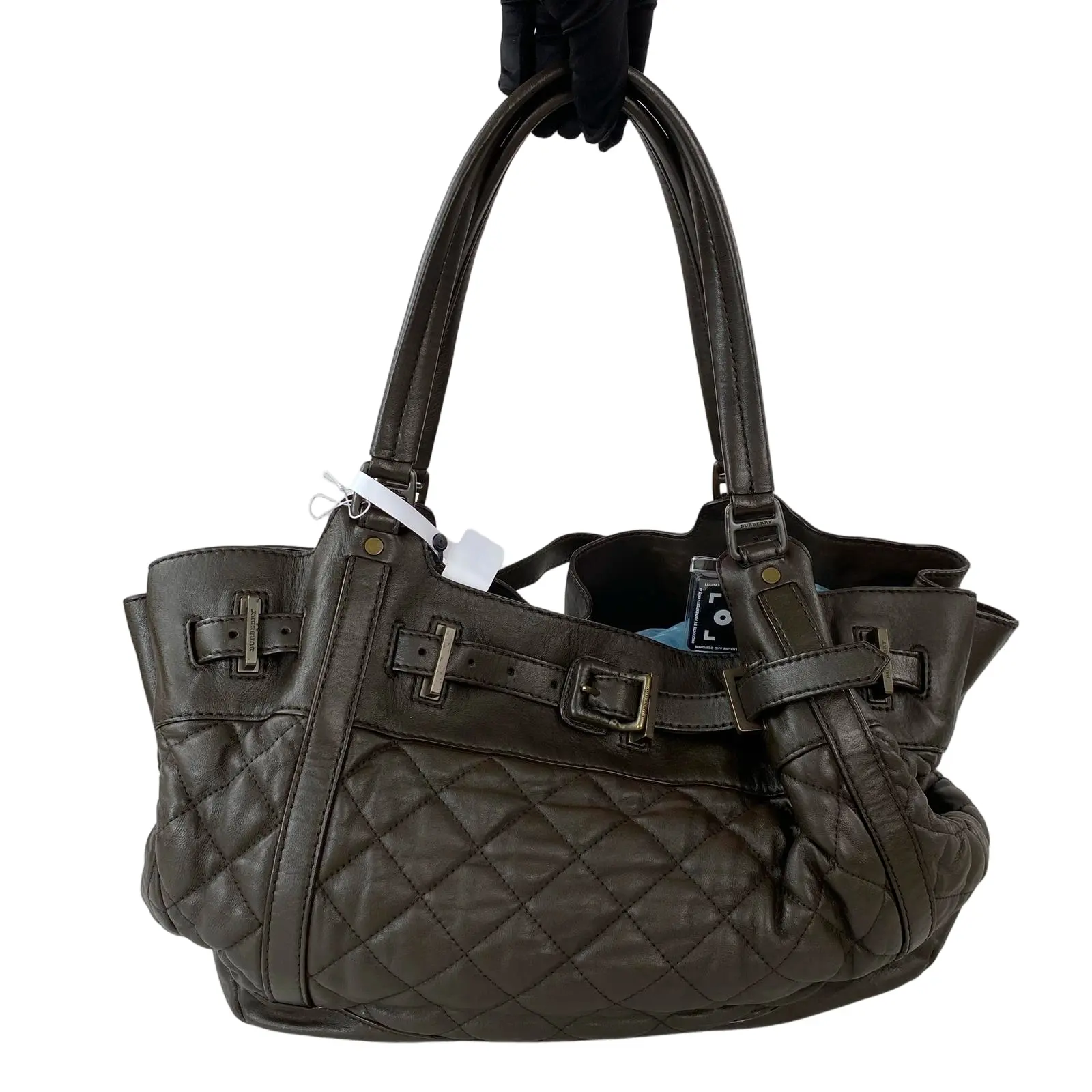 Pre-owned BURBERRY leather Tote Bags Dark Brown Quilted Lambskin Easton Buckle Detail Large Tote Handbag++bag charm++