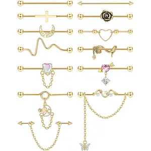 MILACOLATO 13PCS Industrial Piercing Jewelry Surgical Steel 14G Industrial Earrings Barbell with Chain Snake Moon Cartilage Helix Piercing Earrings Industrial Bar Jewelry for Women Men