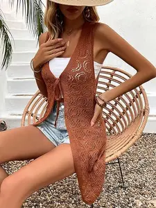 Women's Hollow Out Tie Front Summer Crochet Vest Sleeveless Cardigan Kimono Coat Casual Crop Back To School Ourfits Fabric Womenswear Cami Crop Tops