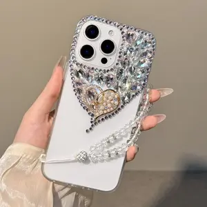 Pearl Heart Rhinestone Case for iPhone14/15 | Double Heart Design + Rim Bling + Crystal Lanyard | Scratch-Resistant | Gala/Date Aesthetic Luxury Y2K Statement Piece